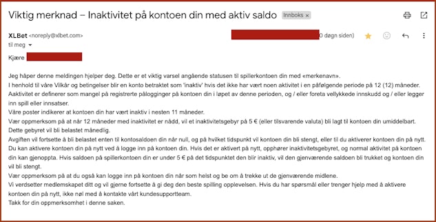 Skjermbilde melding om inaktivitet pa kontoen