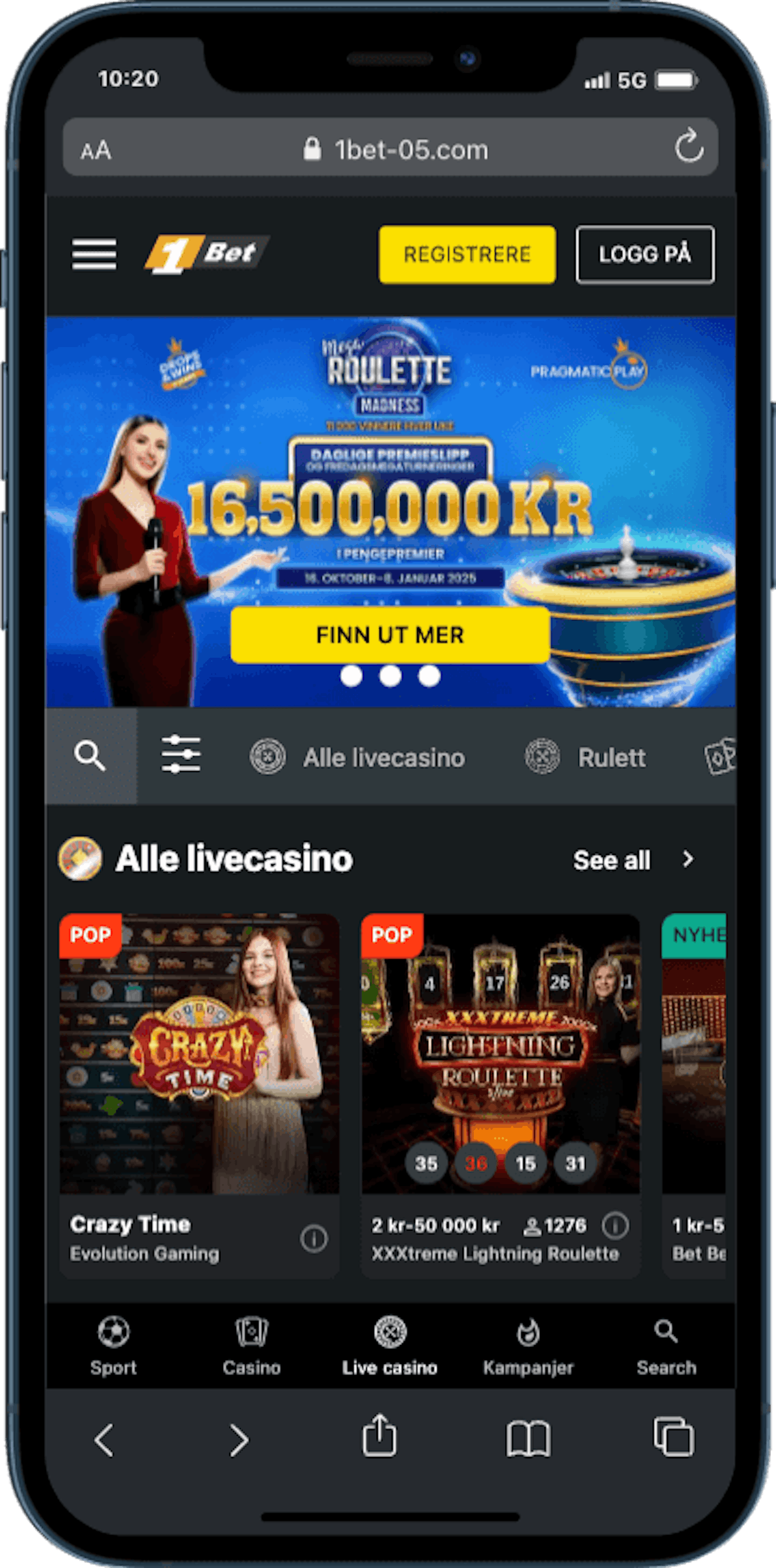 1bet Live Casino mobilversjon