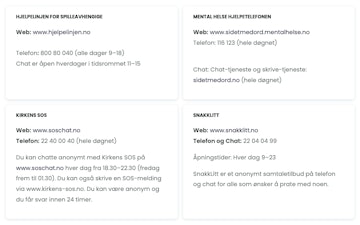 Tekst og lenker som henvisninger til hejlpeorganisasjoner og ansvarlig spill.