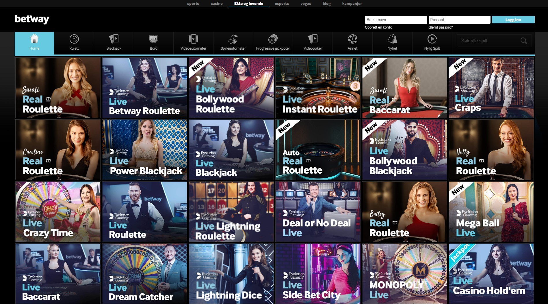 Betway Live Casino utvalg