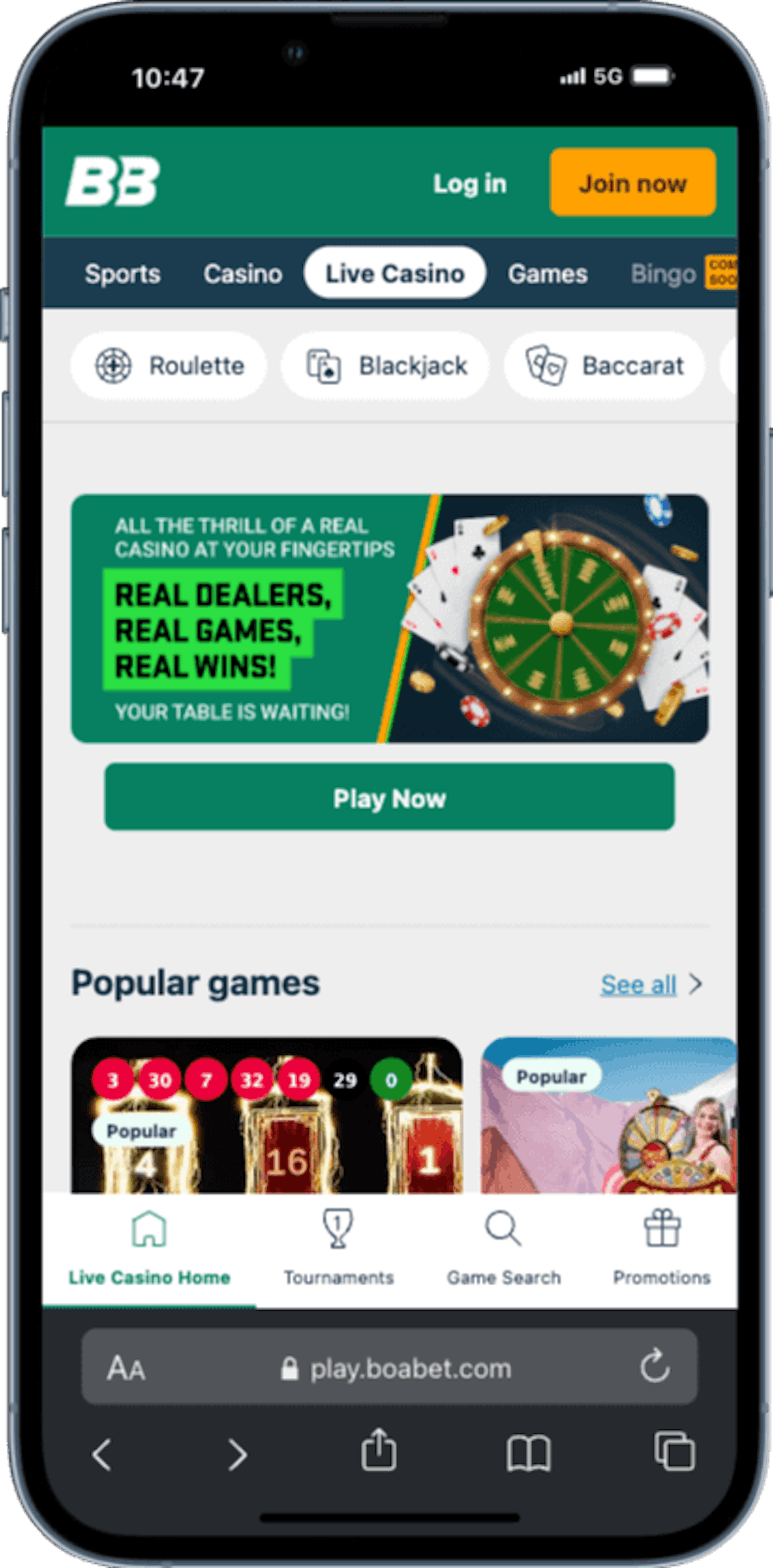 Boabet live casino mobil