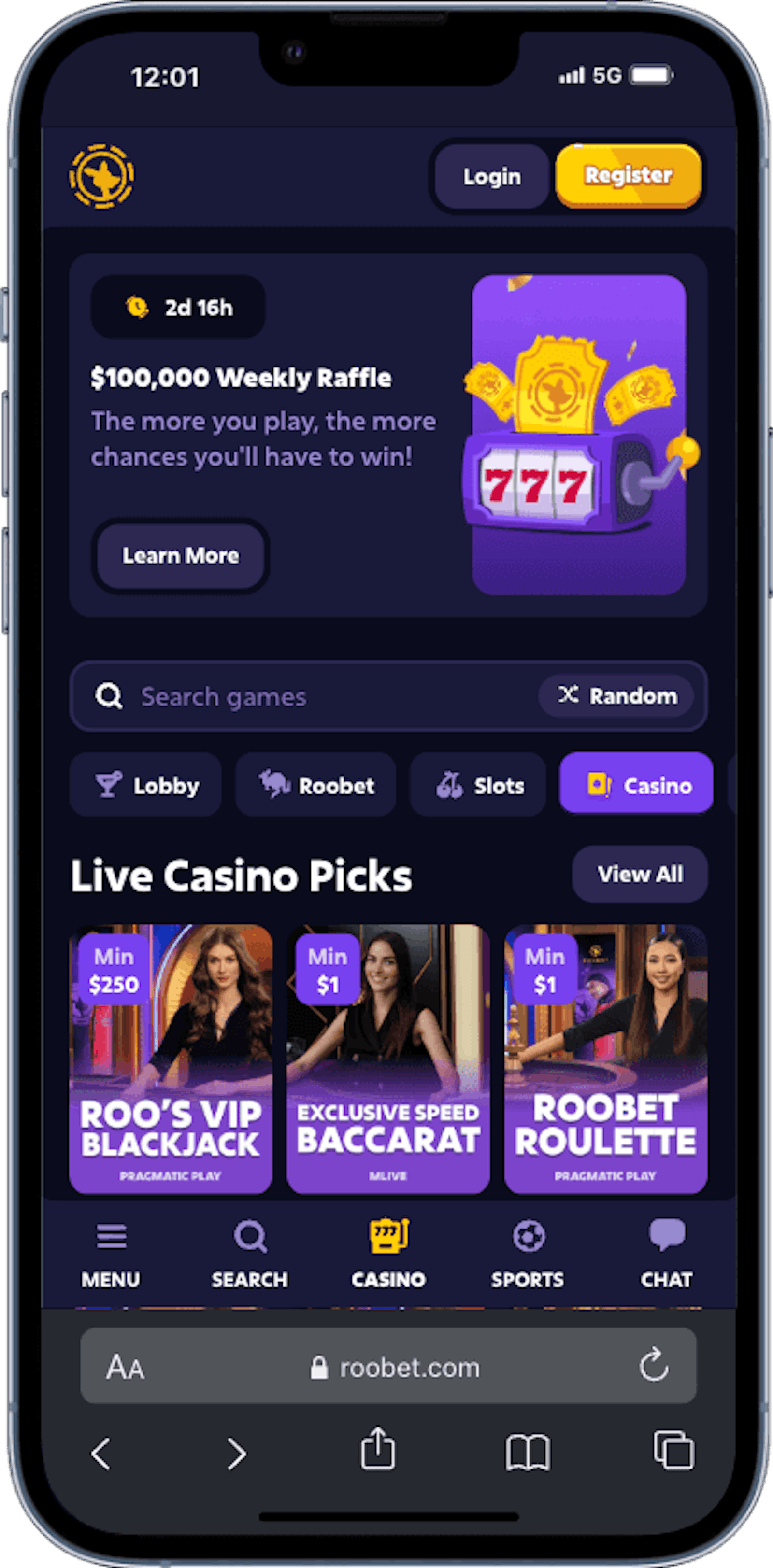 Roobet live casino mobil