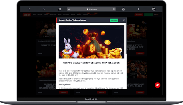 Screenshot som viser krypto casino bonus hos 31bet