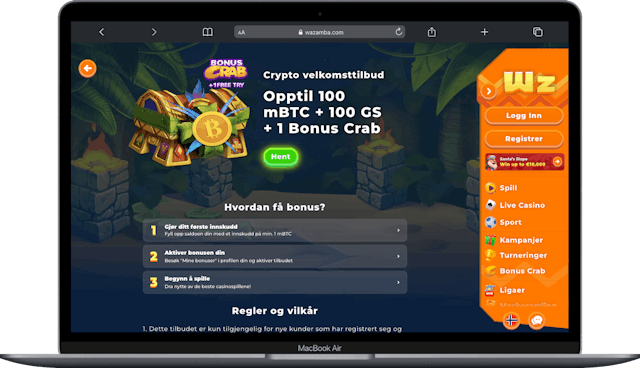 Screenshot som viser krypto casino bonus hos Wazamba