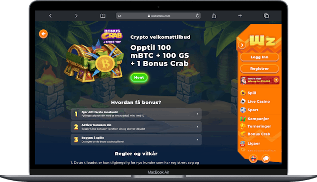 Screenshot som viser krypto casino bonus hos Wazamba