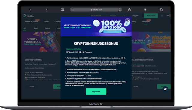 Screenshot som viser krypto casino bonus hos Rolletto