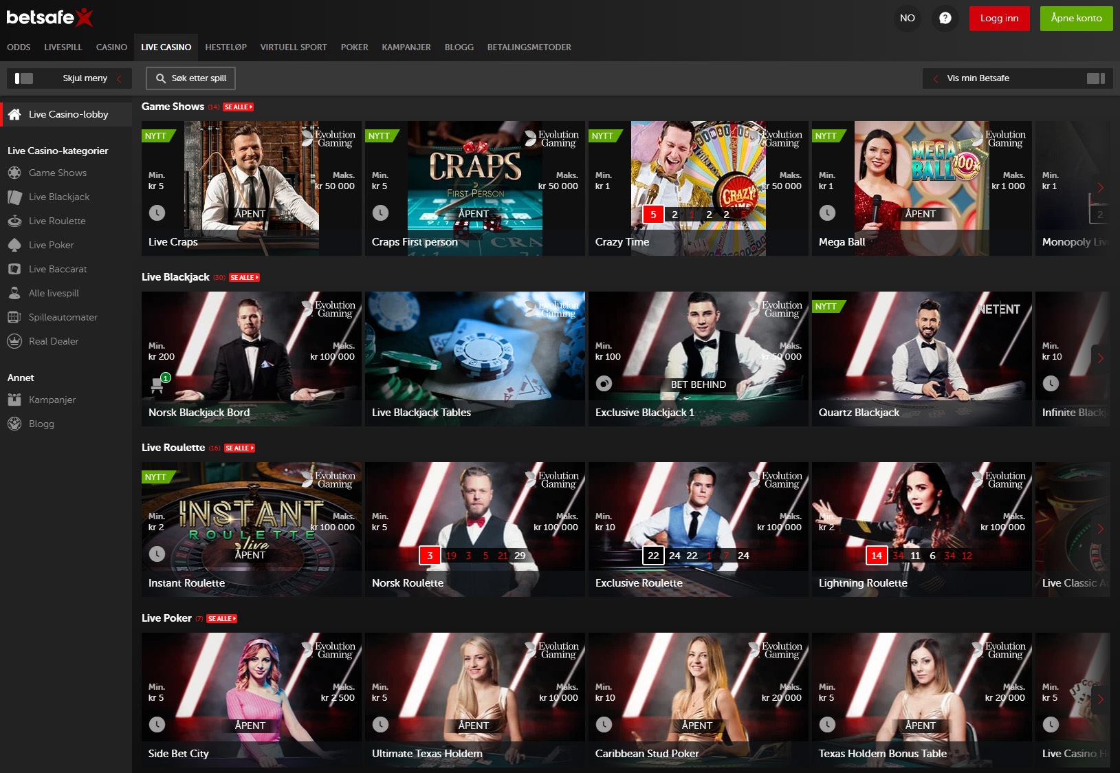 Spillutvalg fra Evolution Gaming